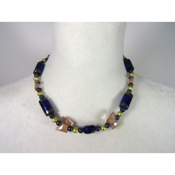 Blue Yellow Bead Necklace 16" Boho Whimsigoth Cottagecore Butterfly Barrel - Picture 1 of 4